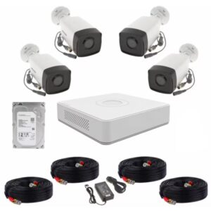 Kit supraveghere Hikvision 4 camere exterior 2MP, 1080P, IR 40m, IP67, DVR 4 canale, accesorii montaj, HDD